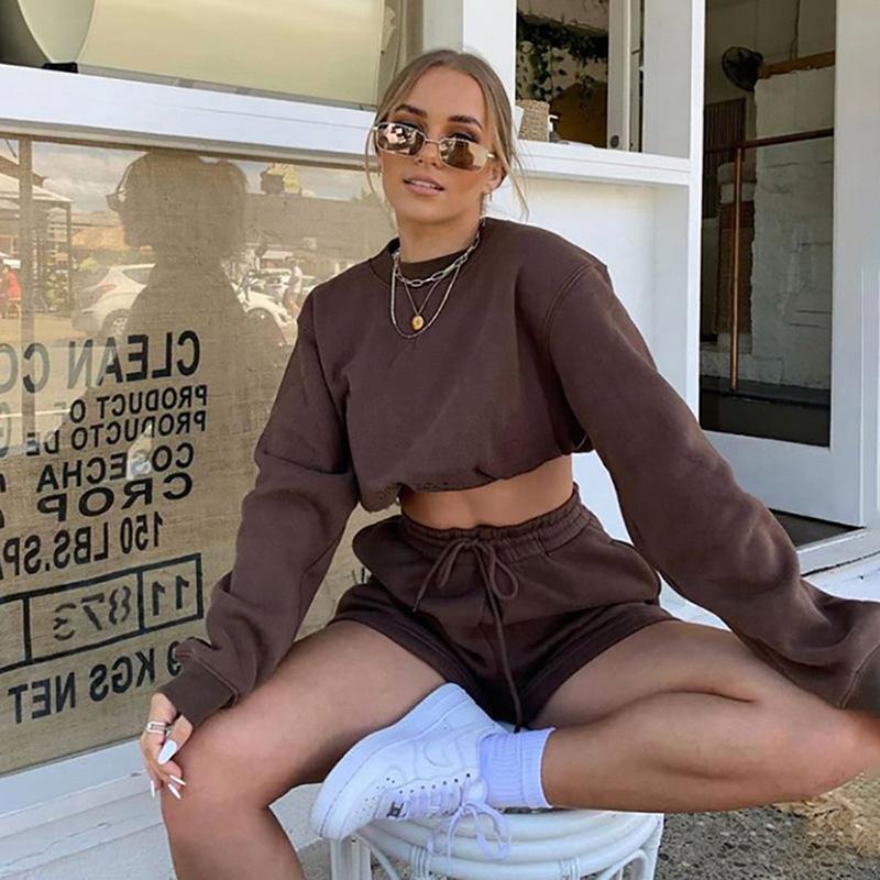 eBay hot sale, European and American spring and autumn hot sale solid color long-sleeved shorts sweater suit women
