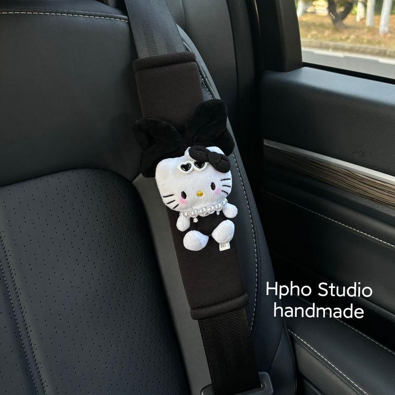 Hellokitty Cat Car Safety Belt Shoulder Pad Cover Figurine Doll Accessories Girls Car Decoration Safety Belt Cover Shoulder Pad [Black Pearl Kt Cat] - Single