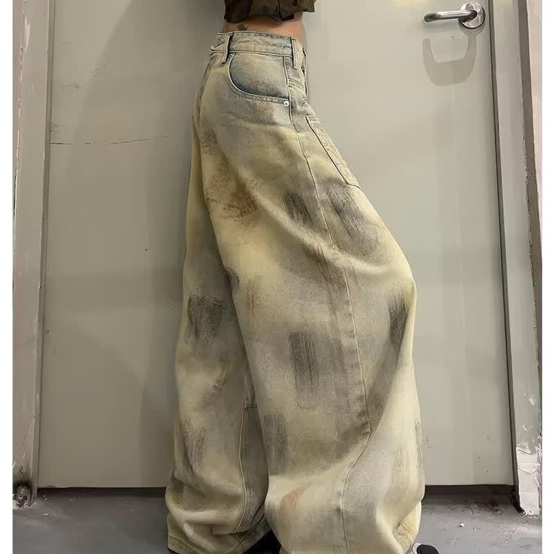 Womens Relaxed Fit Distressed Washed Denim Jeans - Loose Straight Leg Wide Cut Mid-Rise Cotton Blend Vintage Style