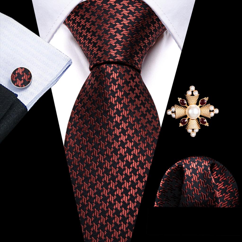 Pearl Brooch with Silk Tie for Men Vintage Floral Teal Necktie Hanky Cufflinks Gift Formal Set