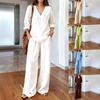 Women's Relaxed Long Sleeve Two Piece Matching Set Commuter V Neck T Shirt Wide Leg Pants Linen Co Ord