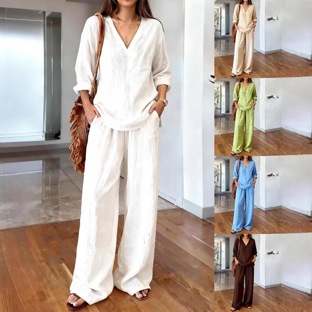 Women's Relaxed Long Sleeve Two Piece Matching Set Commuter V Neck T Shirt Wide Leg Pants Linen Co Ord