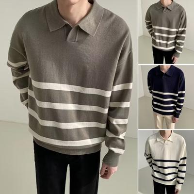 Fall Winter Men Sweater Colorblock Striped Turn-down Collar Knitted Loose Long Sleeves