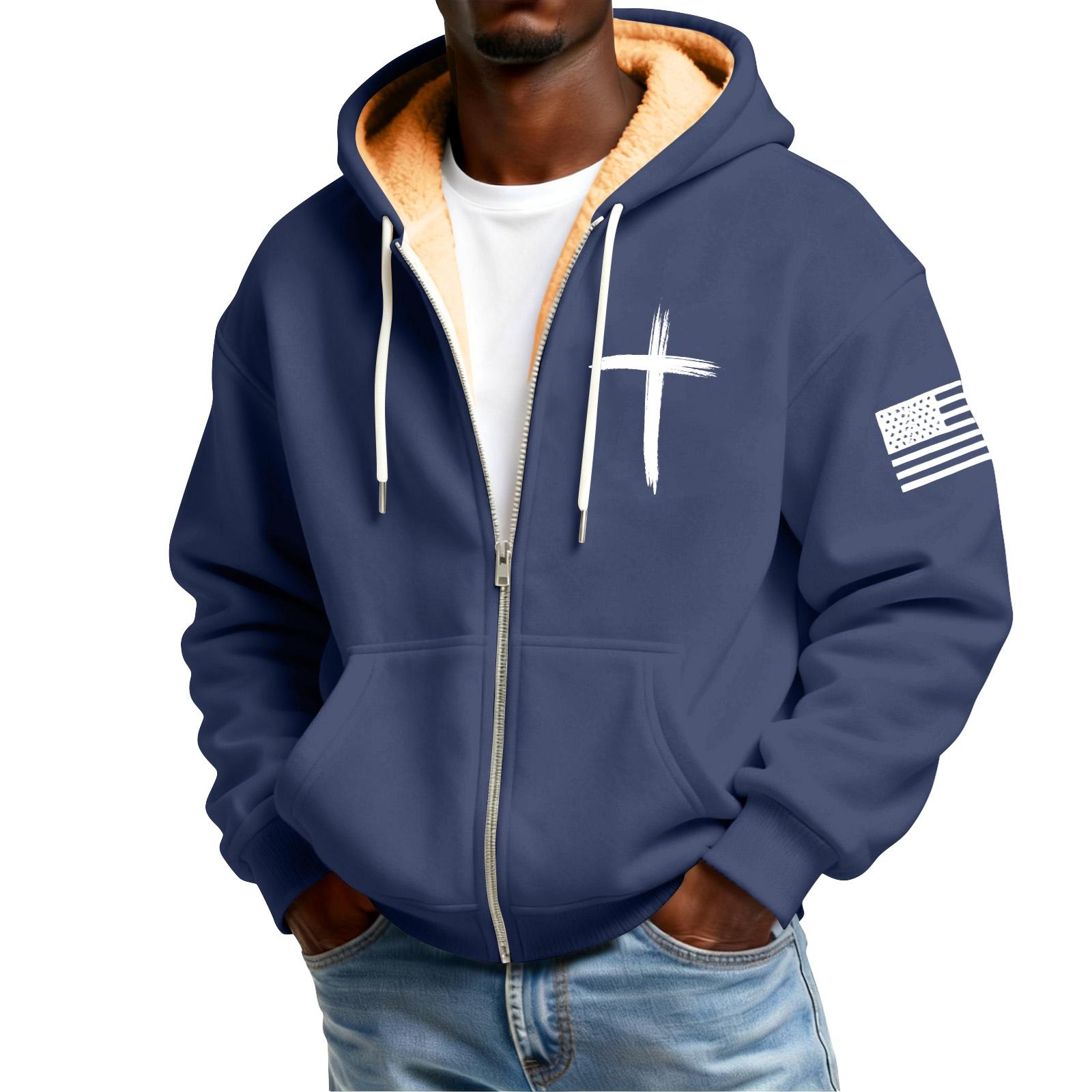 

Мужской флисовый кардиган с капюшоном на молнии и с принтом, с карманами, мужской повседневный кардиган M