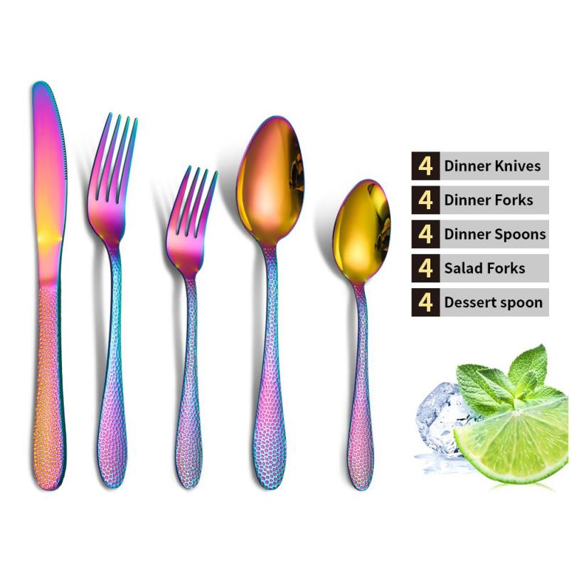 20pcs Cutlery Set Hammer Grain Mirror Finish Smooth Edge Stainless Steel Fork Spoon Set
