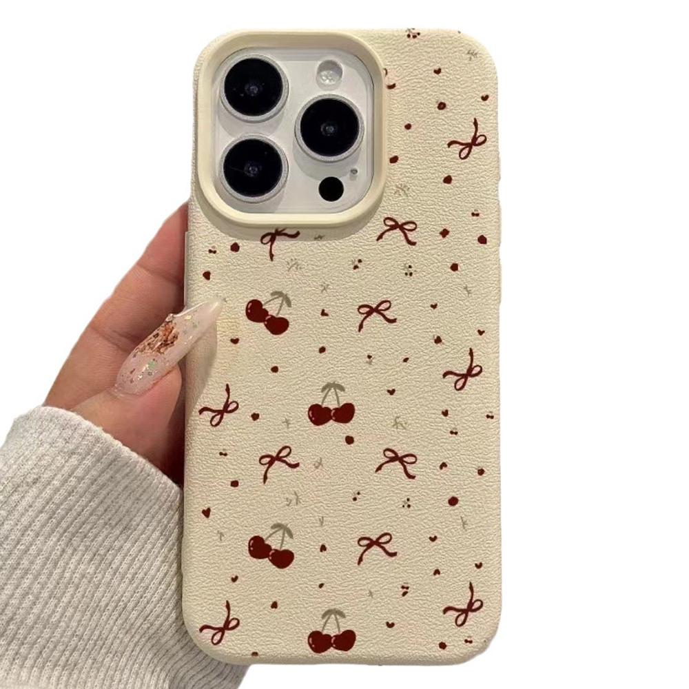 

For iPhone 15 Pro Max Case Heart Cherry Pattern Litchi Texture TPU Phone Cover A