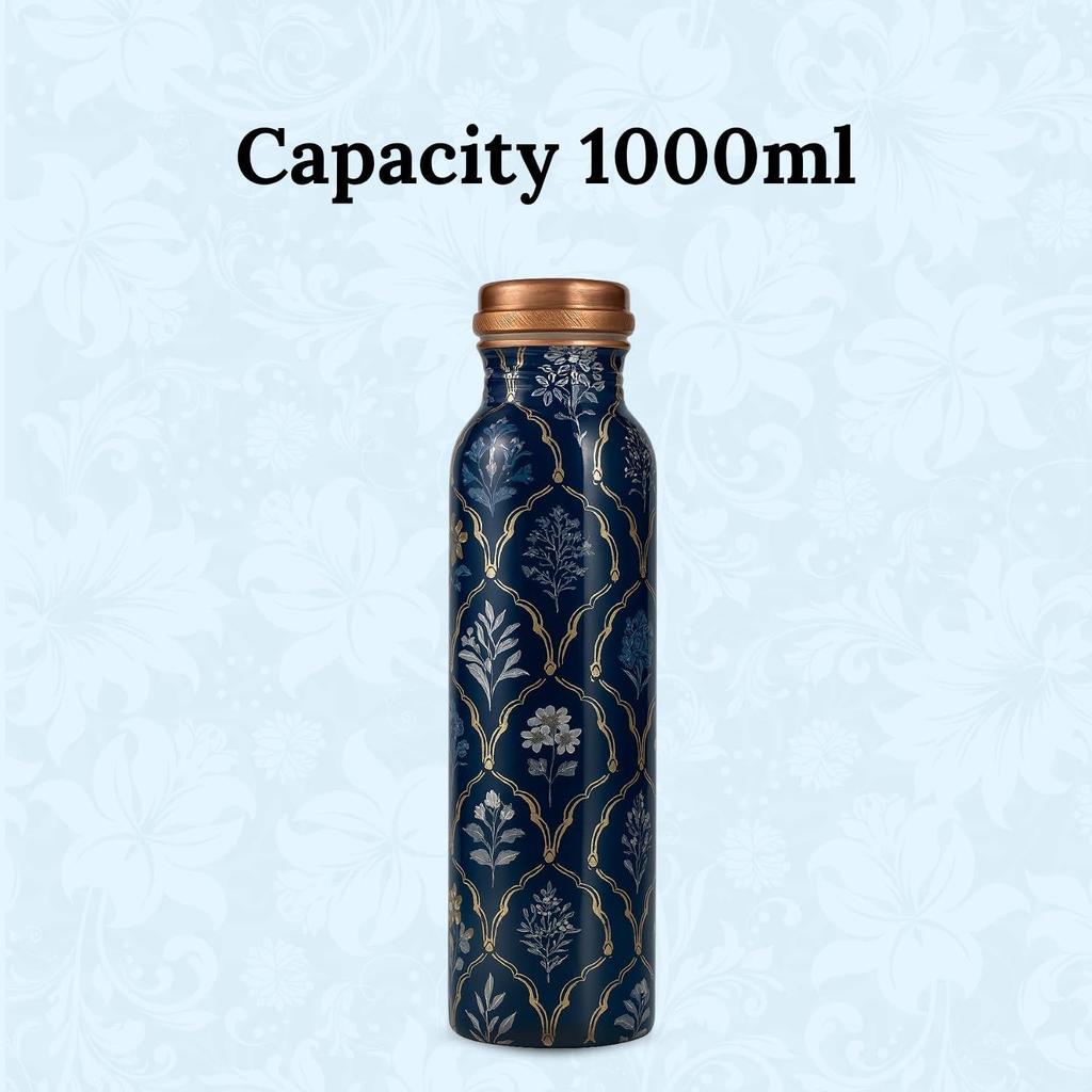 Pure Copper Water Bottle (1 Litre), Leakproof Protection, Pure Copper Water Bottle, Tamba, Yoga Health Benefits, Authentic, Durable (Blue Floral)