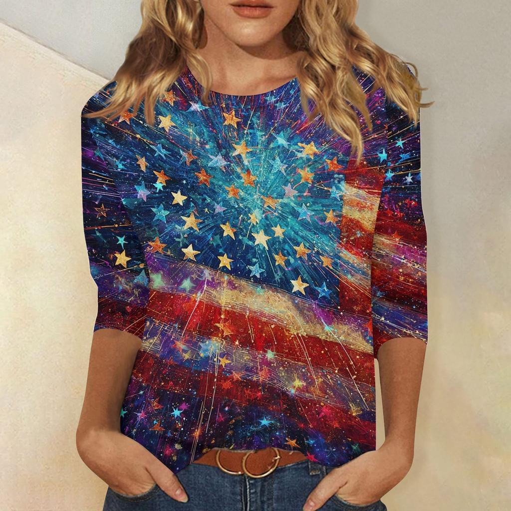Women's Fashionable Casual Independence Day American Flag and Stars Print Neck Three-Quarter Sleeve T-Shirt Top