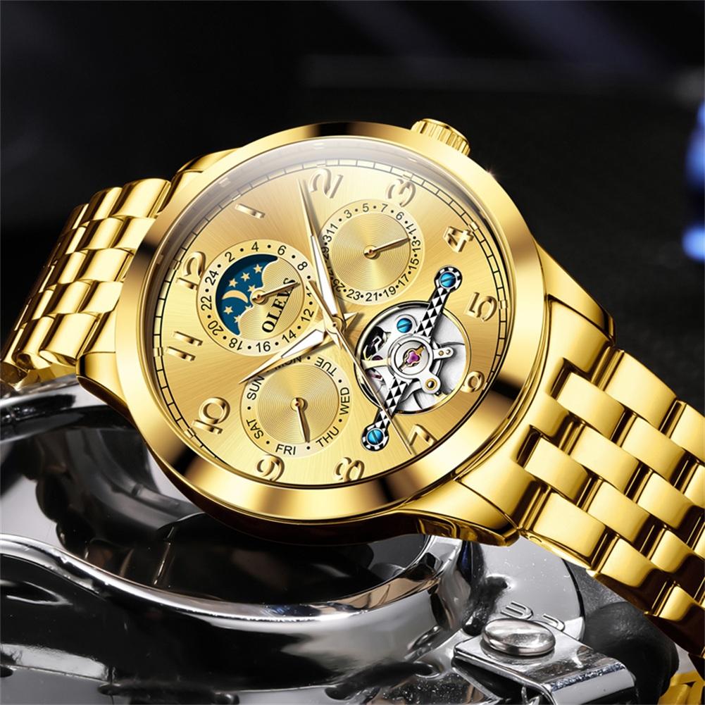 OLEVS ALL Gold Steel High Quality Tourbillon Men's Watches Luminous Moon Phase Automatic Mechanical Wrist Watch Men