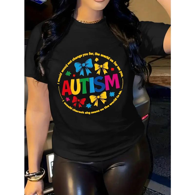

Women s Autism Awareness Graphic T-Shirt - Colorful Puzzle Piece & Bow Design with Inspirational Quote, Soft Stretch Round Neck Short Sleeve Tee 4XL чорний
