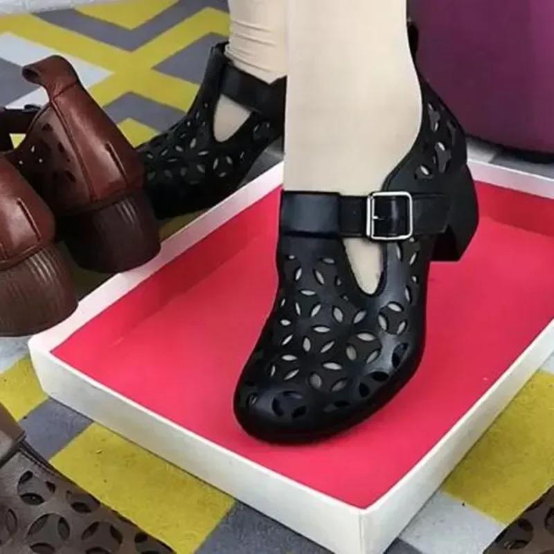 NEW Hollow Women Pump Fishnet Mesh Sandals 2026 Summer Handmade Retro Female Shoes Square Toe Sandals Women Heels Hsigh Sandals