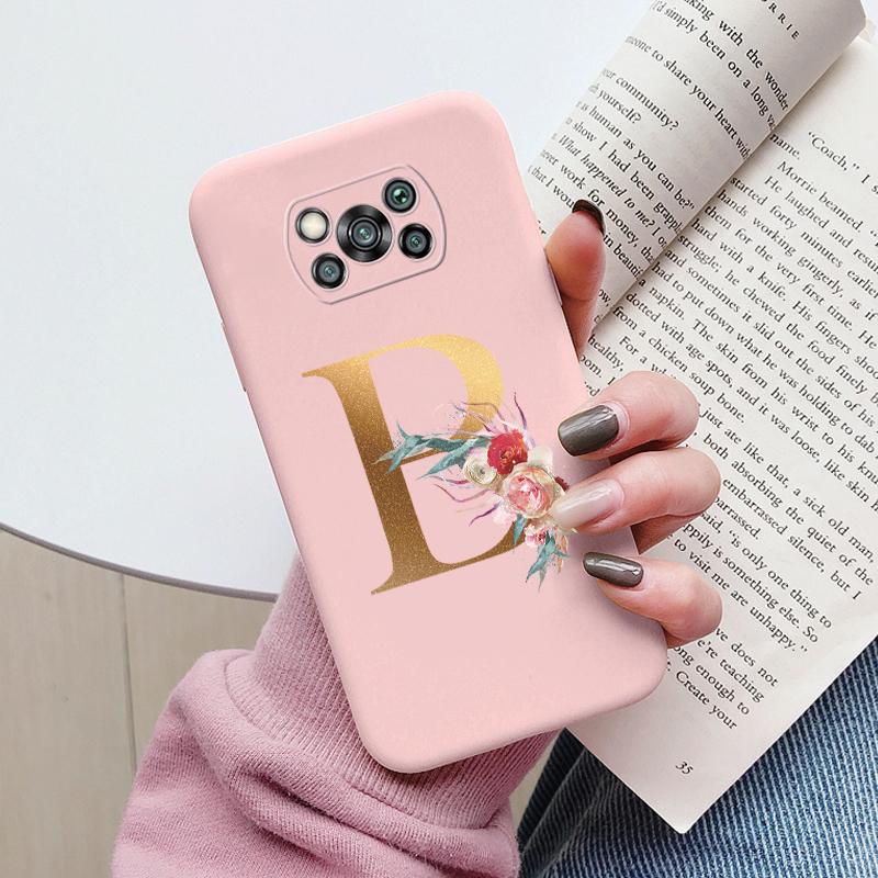 Letter Case For Poco X3 NFC PocoX3 Pro Back Cover Retro Flowers Pink Black Soft TPU Initial Fundas For Xiaomi Poco X 3 Pro Coque