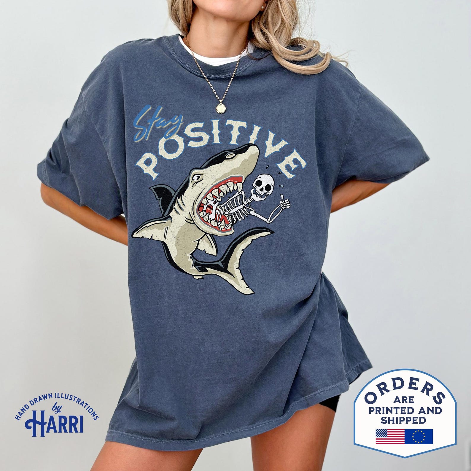 Stay Positive Shark Attack T-Shirt, Vintage Comedy Graphic Tee 3XL