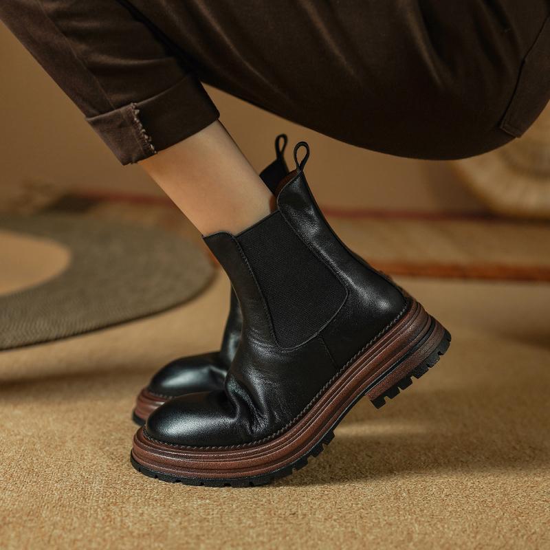 Móda 2025 Zima Pravá Kůže Vlna Sněhule Kulatá Špička Vysoké Podpatky Platformy Boty Elastický Pás Krátké Boty Žena Základní Kozačky