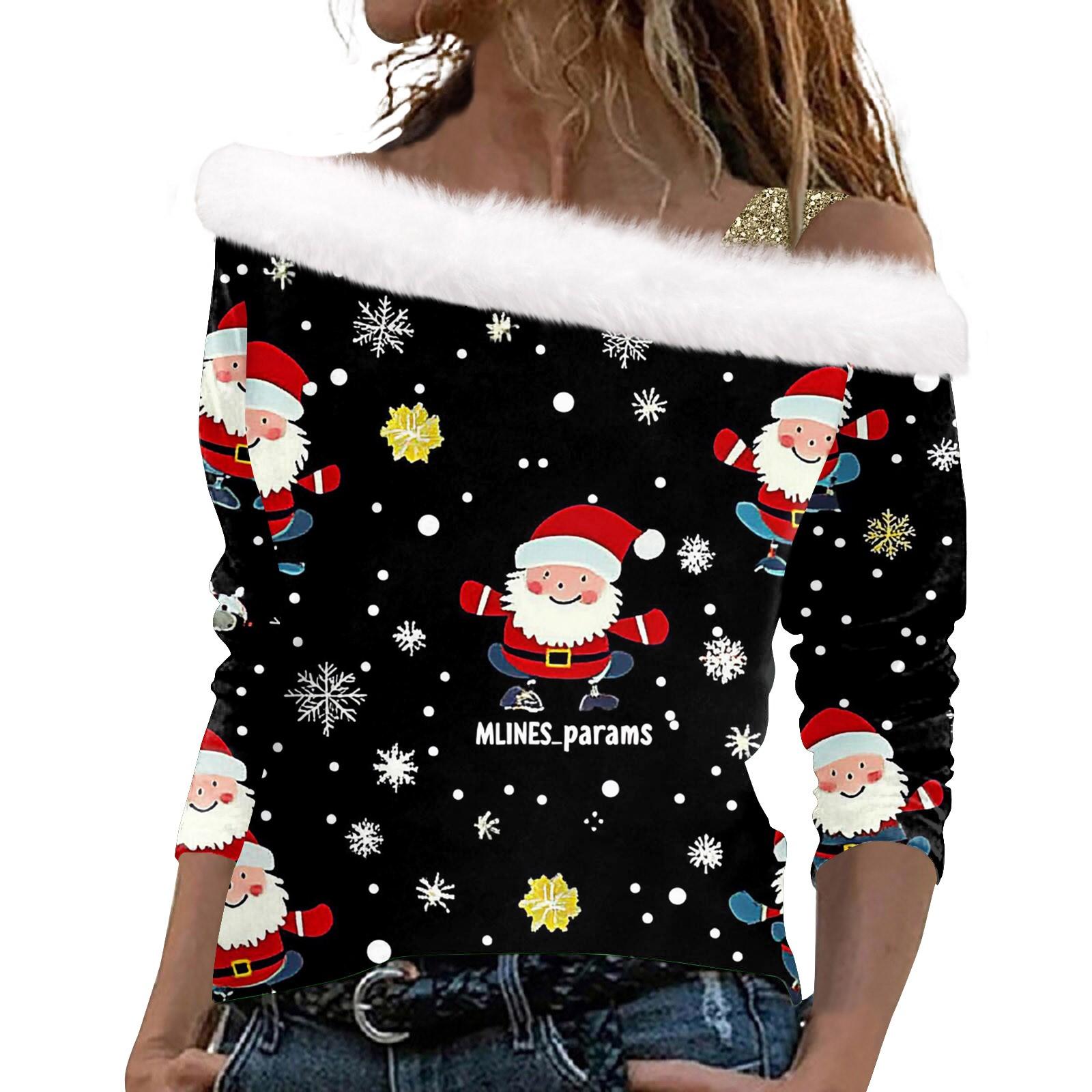 Женский повседневный модный топ с длинными рукавами и открытыми плечами с рождественским — фото 3