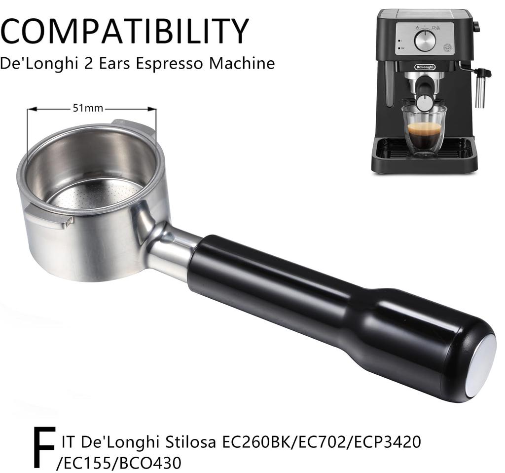 CAPFEI 51mm Portafilter for DeLonghi 51mm Bottomless Portafilter 2 Stainless Steel Replacement Part for DeLonghi Handle ECP3420/EC155/BCO430/EC260,
