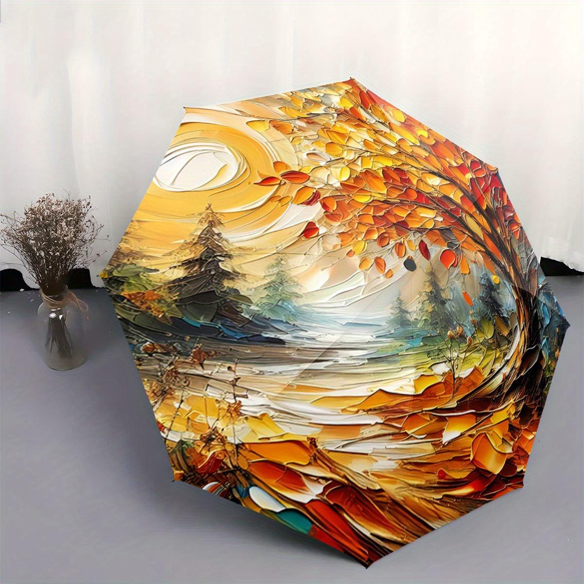 

Automatic Open/Close Umbrella with Auto-Folding Mechanism - Elegant Fall Leaves Design in Orange, Yellow, Green, Brown - Compa Iron&8K