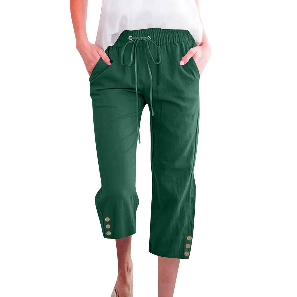 Spring Solid Color Cotton Linen Drawstring Cropped Pants