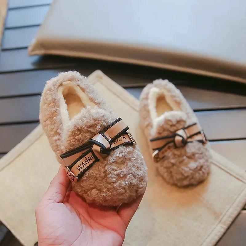 Girls' Princess Shoes Chic Warm Children's Plush Shoes with Simple Bow 2024 Autumn Winter New Girls' Moccasin Casual Soft Sole