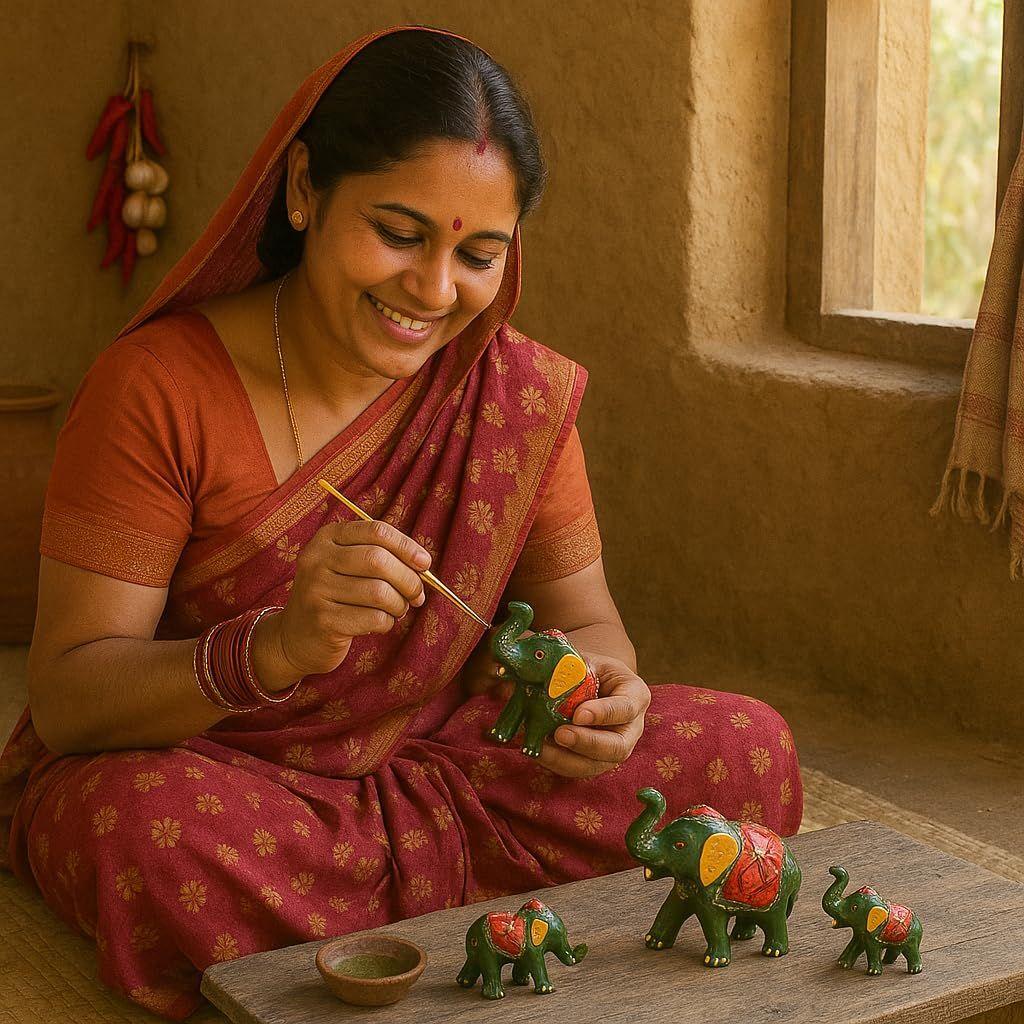 Paper Mache Elephant Showpiece, Standard, Green, 3 Piece, Home Decor, Cultural, Traditional, Festive