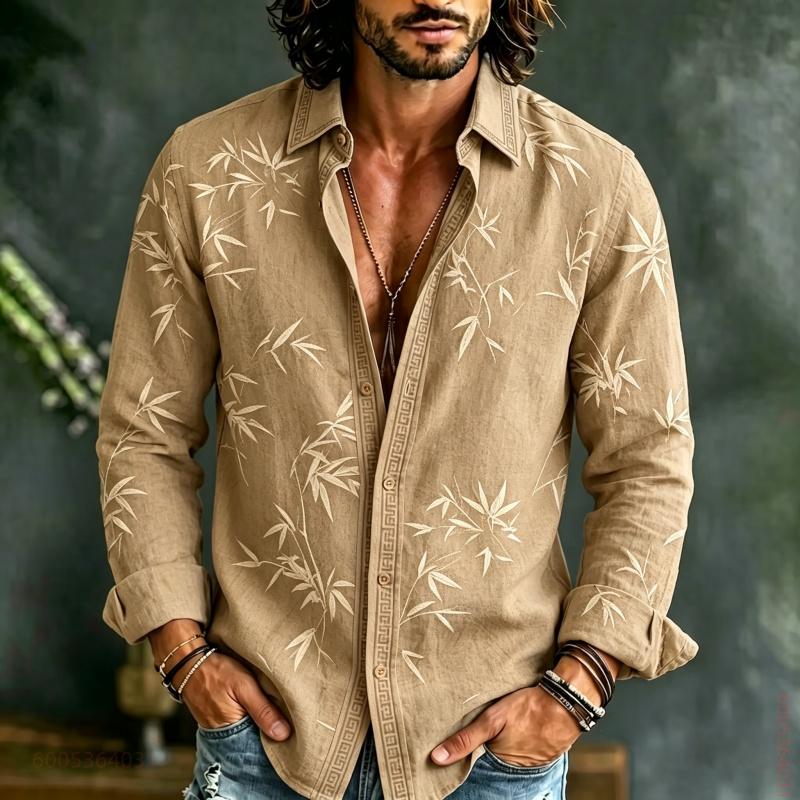 Men's Long Sleeved Shirt with Bamboo Leaf Pattern Full Printing, Daily Commuting, Travel, Vacation, Fashionable and Trendy Shirt