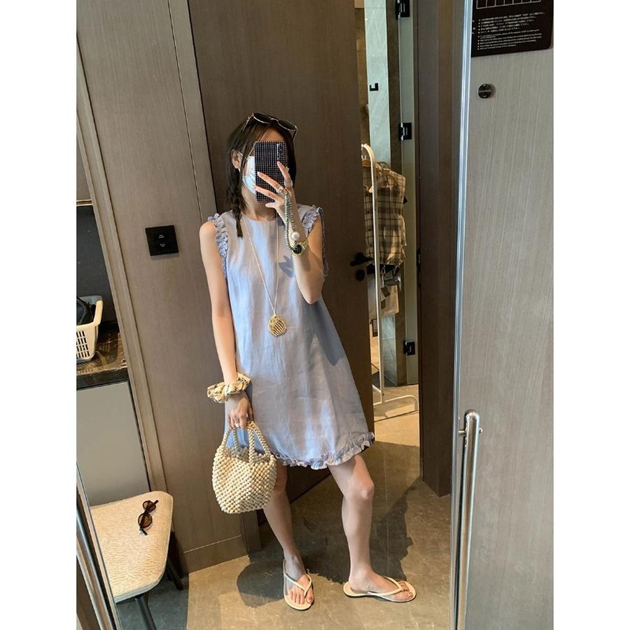 

Holiday Dream 100% Linen Small Size Wood Ear Hem Fitted Backless Vest Dress MQ L синій