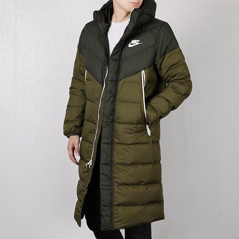 Nike Logo Print Stand Collar Long Down Jacket Men Outerwear Green AA8854-355