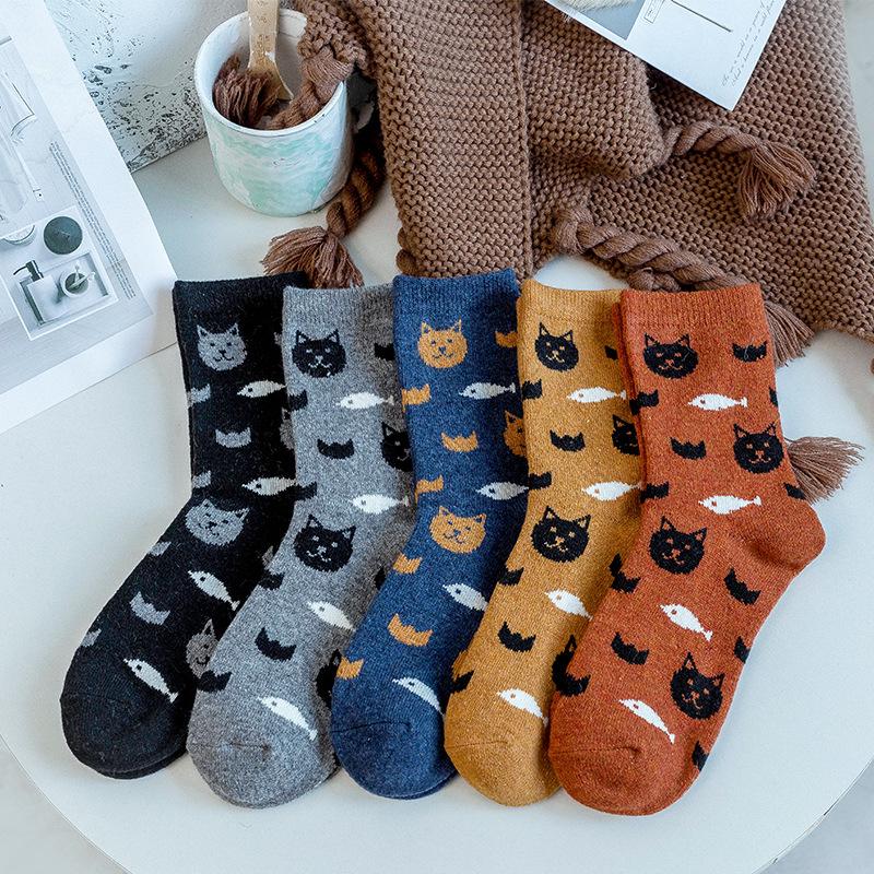 Women s Mid-Calf Winter Socks - Cartoon Cat Design, Thickened Rabbit Wool for Warmth One Size