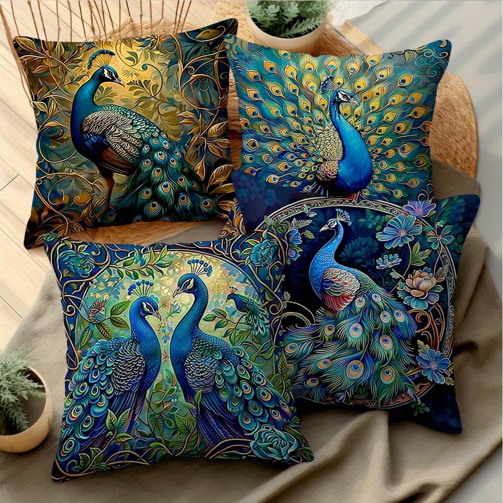 4er-Pack Petrol Gold Pfau Kissenbezüge Doppelseitiger Druck Blumen Kissenhüllen Boho Wohnkultur Für Sofa Schlafzimmer