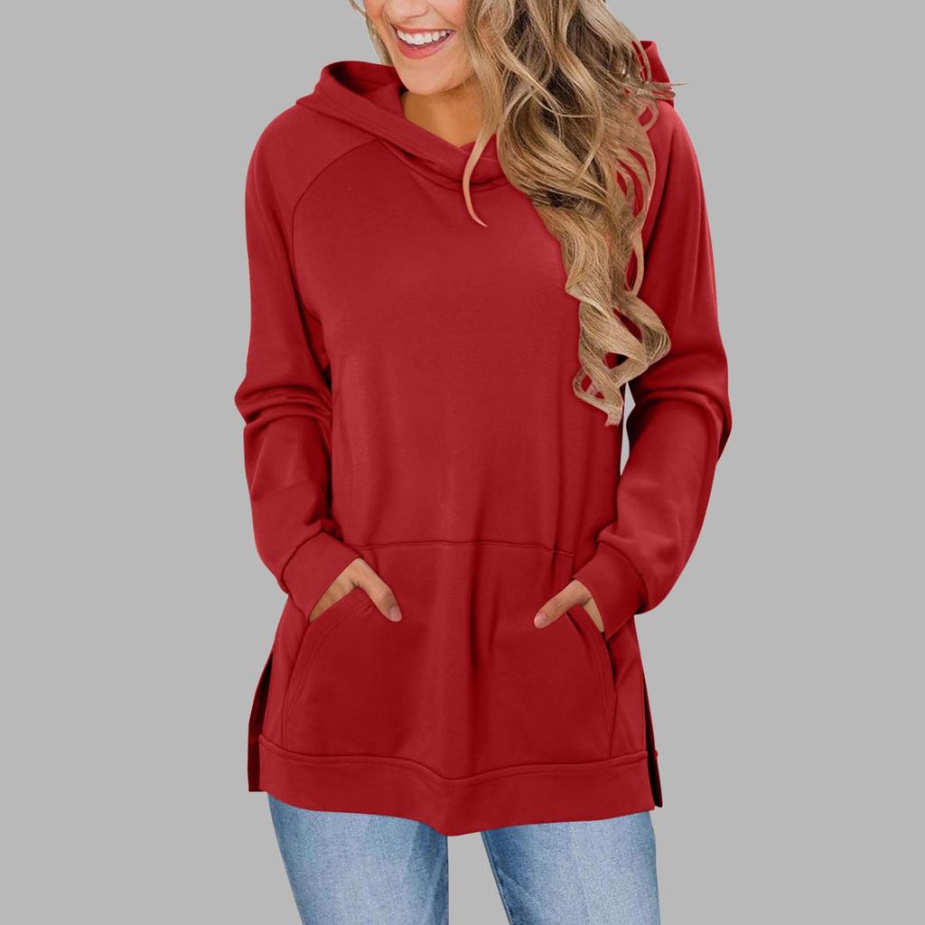 Women's Fashionable Solid Color Hoodie With Shoulder Wiping, Long Sleeved Pockets, Slit Hem, Hoodie Top