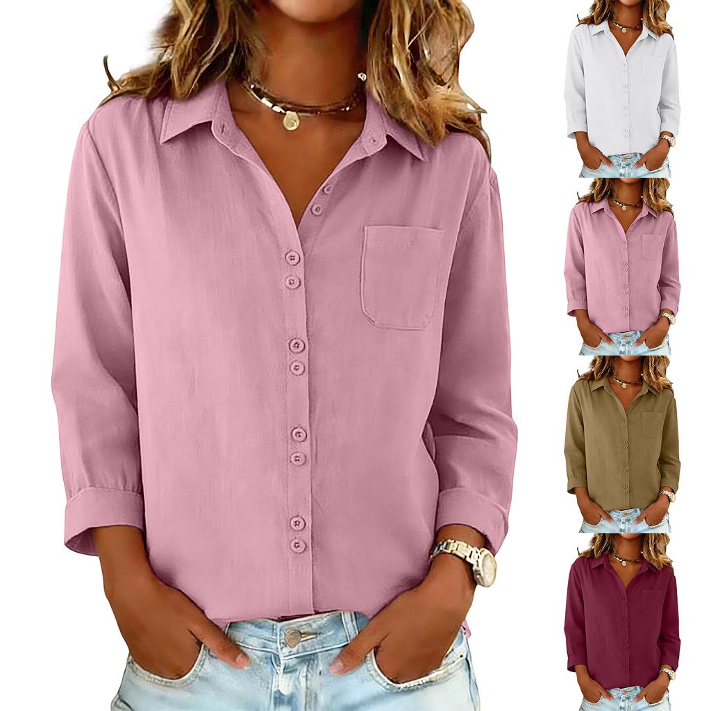Women's Color Casual Button Shirt Loose Cotton And Linen Shirt Top
