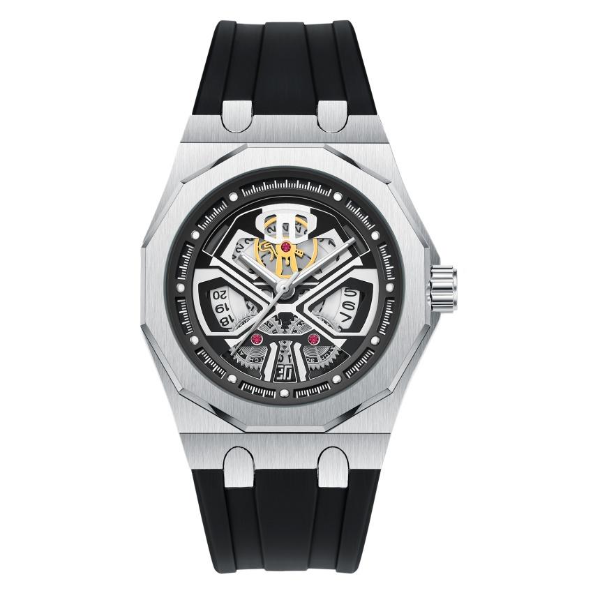 Men's Large Quartz Watch Black Warrior 12-Sided Case Hollowed-Out Face Silicone Strap Crafted with Precision Quartz Movement