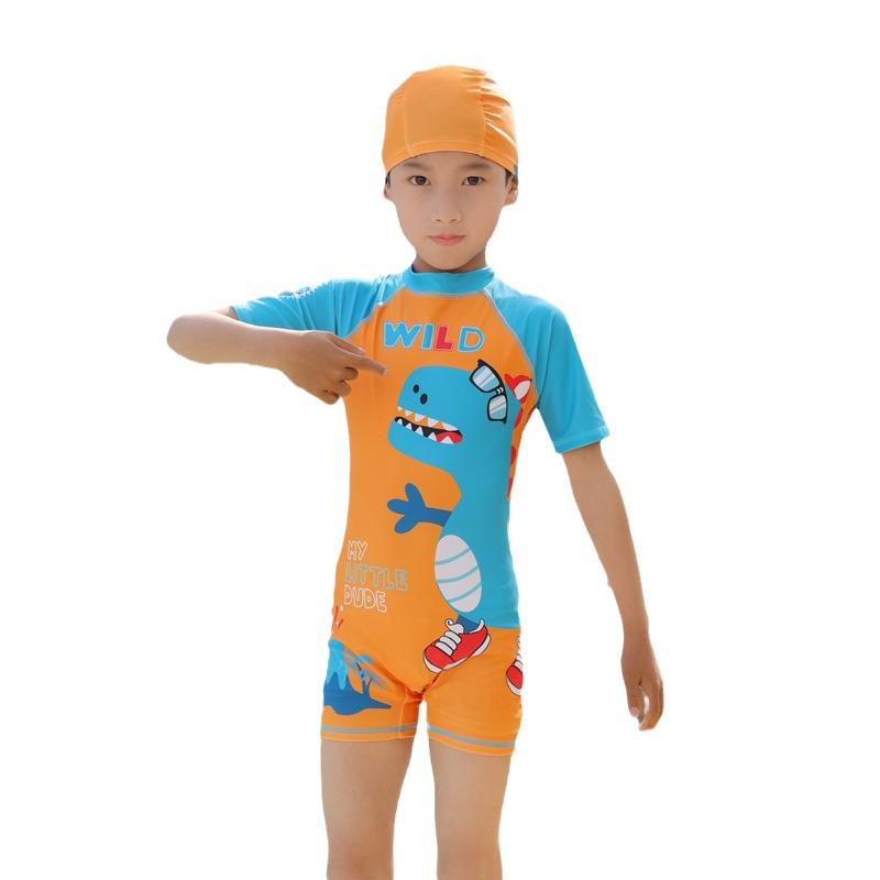 Children's Boys' One-Piece Short-Sleeve Swimsuit: Medium & Large, Quick-Dry, UV Protection