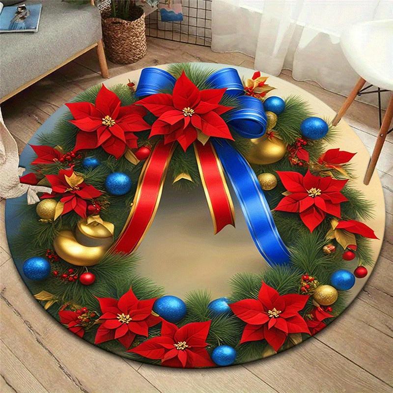 

1pc Soft, Absorbent & Non-Slip Christmas Wreaths and Christmas Flowers Round Rug, Perfect for Entryway, Living Room, Bedroom Decor, Machine 80cm by 80cm