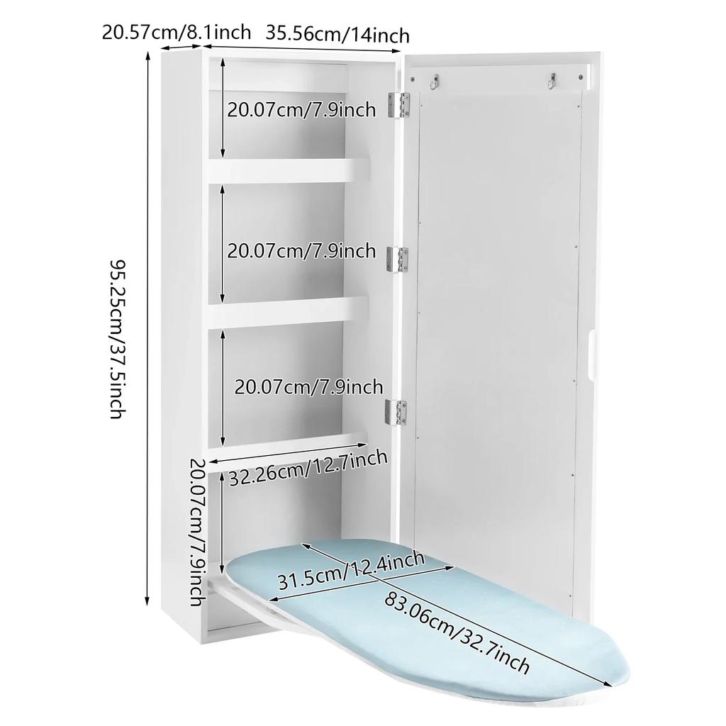 Wall Mount Ironing Board Cabinet with Mirror 180° Swivel Foldable Ironing Board w/ Storage for Home, Apartment and Small Spaces