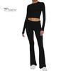 2 Pcs/Set Women Top Pants Suit Skinny High Waist O Neck Long Sleeves Pure Color Stretchy Soft Breathable Yoga Bell Bottoms T-shirt Set Spring Summer