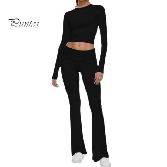 2 Pcs/Set Women Top Pants Suit Skinny High Waist O Neck Long Sleeves Pure Color Stretchy Soft Breathable Yoga Bell Bottoms T-shirt Set Spring Summer