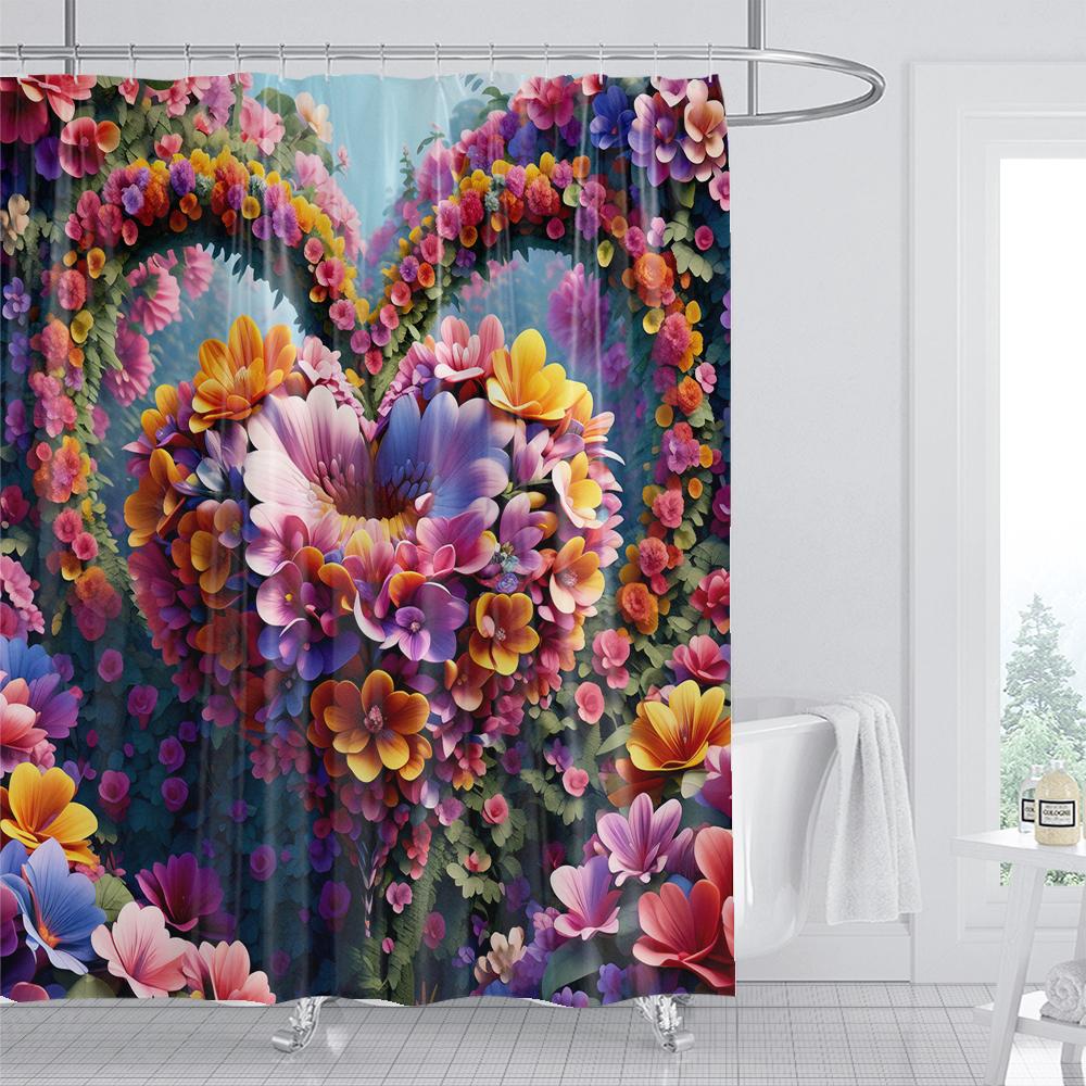 Beautiful Heart-Shaped Flower Shower Curtain Loving Floral Shower Curtain Flowers And Plants Bathroom Curtains Home Decoratoin