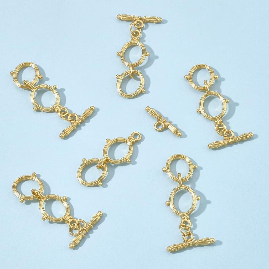 BENECREAT 6 Sets 18K Gold Plated Brass Toggle Clasps Double Ring Clasps and Metal Bar for Necklace Chain Bracelets Jewelry Making Craft DIY