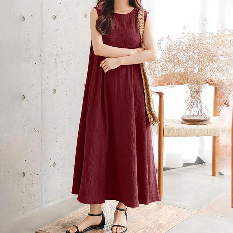 ZANZEA Rochie Casual de Vară Femei cu Gât Rotund, Largă, Fără Mâneci