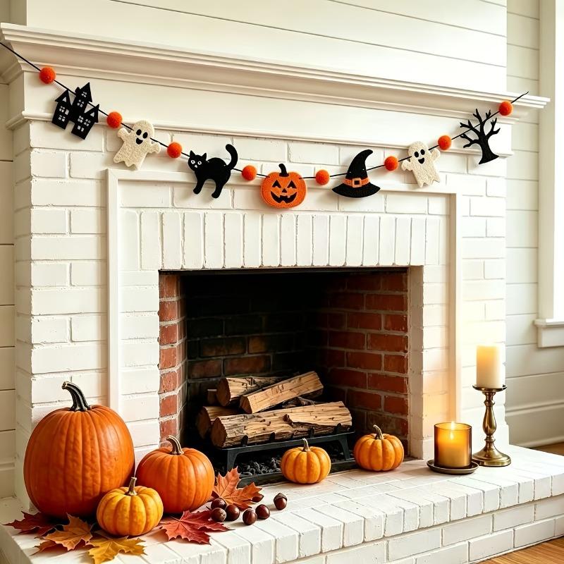 Halloween Banner Pumpkin Ghost Cat Hat Garland, Party Background Wall Hanging Decor, Holiday Themed Party Decoration Supplies