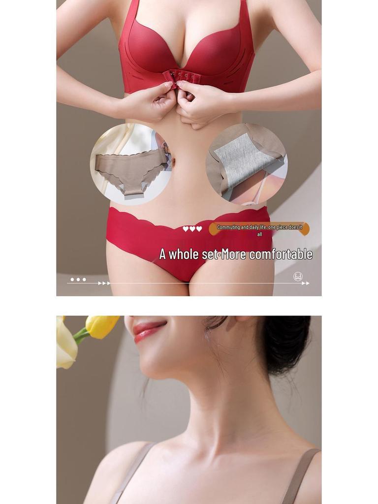 Women's Seamless Front Buckle Push-Up Bra and Panty Set with Comfortable Non-Wired Palm Cup for Smaller Chest Enhancement