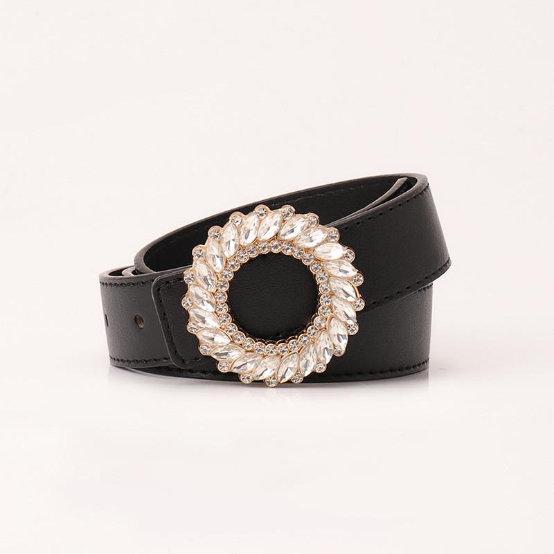 Womens Fashion Pu Leather Belt With Waterdiamond Round Buckle For Elegant Casual Wear