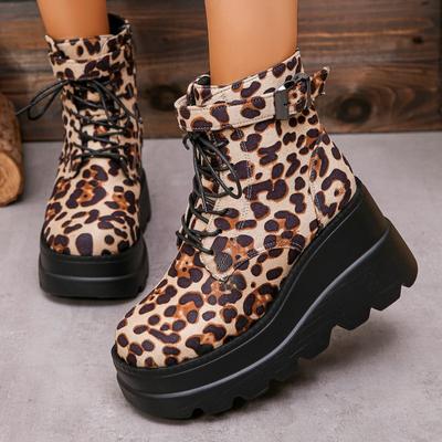 Nouvelles Chaussures Populaires pour Femmes Grande Taille Bottines pour Femmes à Plateforme Bottes Modernes Femmes Léopard Fermeture Éclair Latérale Lacets Avant Chaussures Compensées
