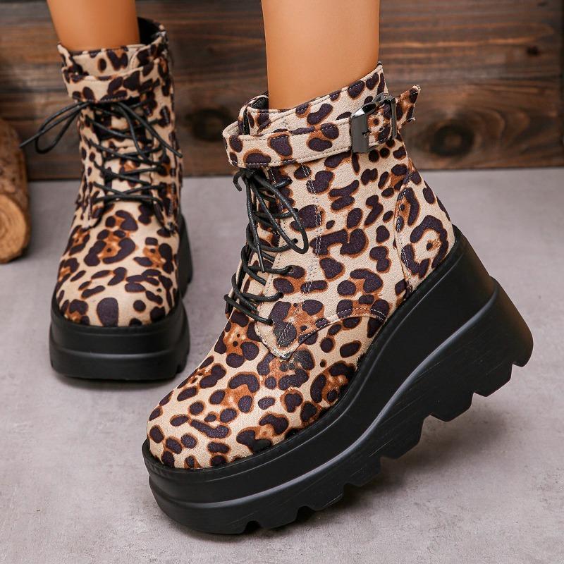 New Popular Women's Shoes Plus Size Ankle Women's Boots Platform Modern Boots Women Leopard Side Zip Front Lace-up Wedges Shoes