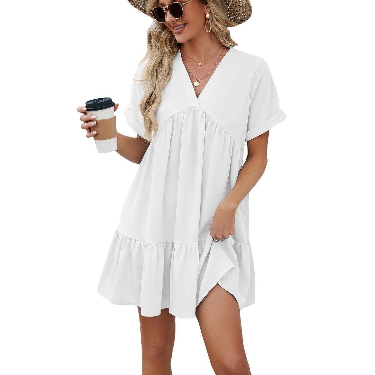 Spring Summer New Solid Color V-neck Loose Ruched Women s Dress For Cross-border Trade S белый