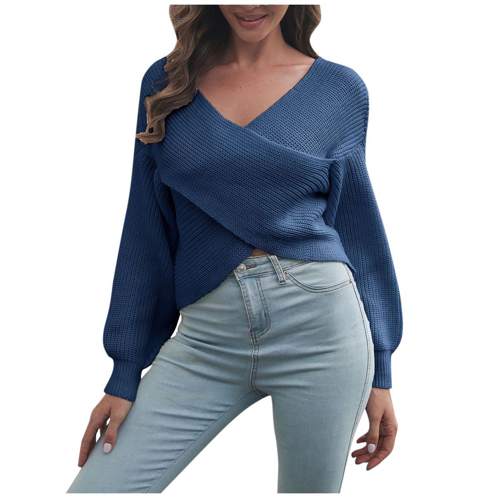 Women's Loose Front Cropped Navel Long Sleeve Solid Wrap Knit Sweater