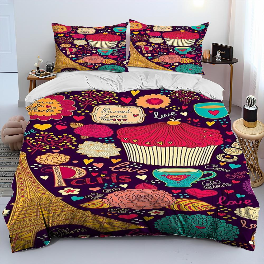 France Paris Eiffel Tower Comforter Bedding Set,Duvet Cover Bed Set Quilt Cover Pillowcase,King Queen Size Bedding Set Kid Adult