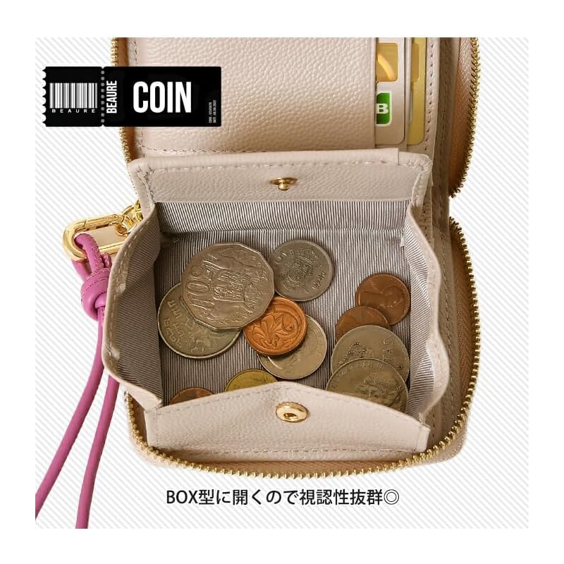 [BEAURE] [Vuret] B-24096 genuine leather short wallet round zipper mini wallet bi-fold with hand strap ladies P.Beige