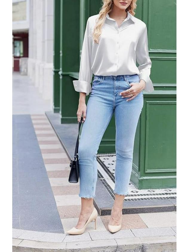 Elegant Women's Solid Color Satin Long Sleeve Shirt with Retro Buttons
